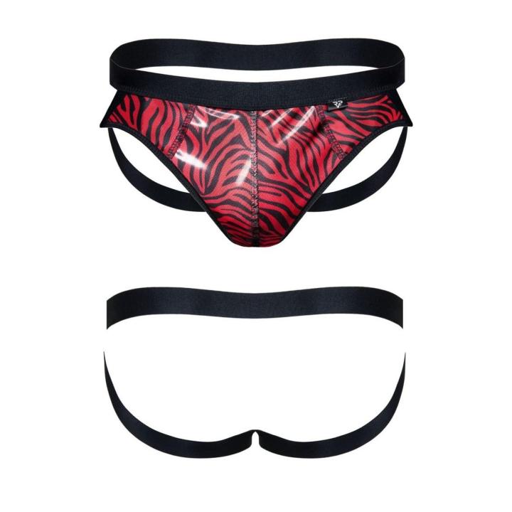 Męski jockstrap tiulowy zebra z winylową wstawką