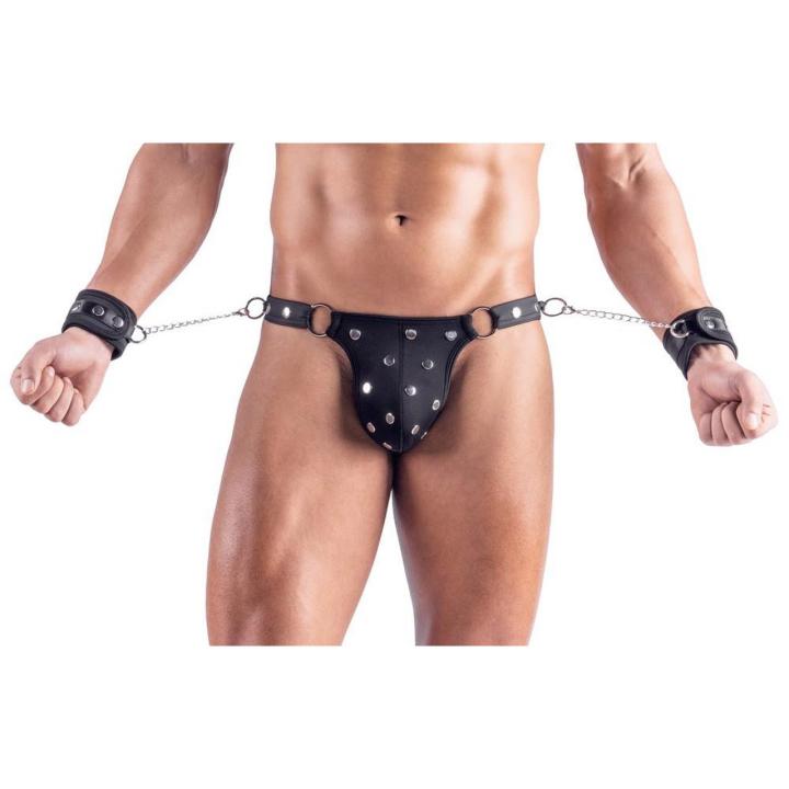 Męskie stringi bondage XL z kajdankami – czarne, matowe, metalowe detale