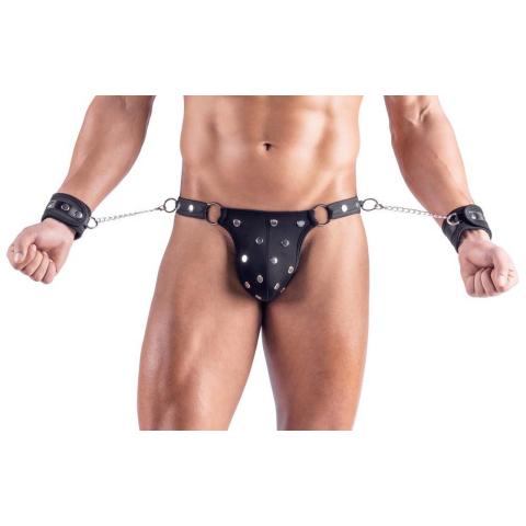 Męskie stringi bondage XL z kajdankami – czarne, matowe, metalowe detale
