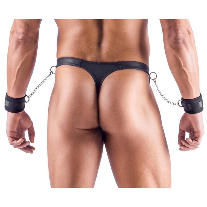 Męskie stringi bondage XL z kajdankami – czarne, matowe, metalowe detale