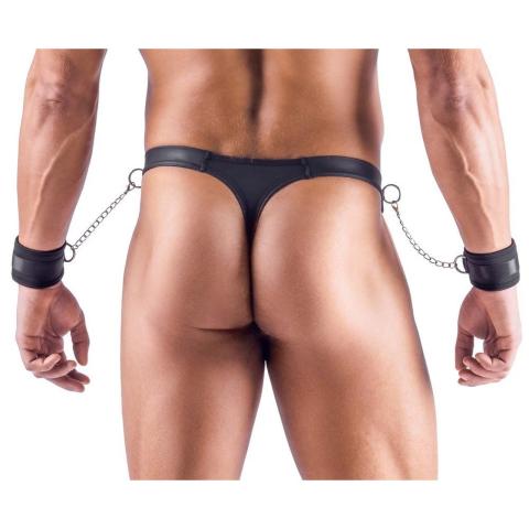 Męskie stringi bondage XL z kajdankami – czarne, matowe, metalowe detale