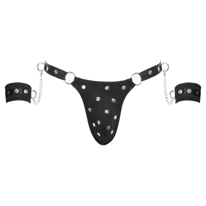 Męskie stringi bondage XL z kajdankami – czarne, matowe, metalowe detale