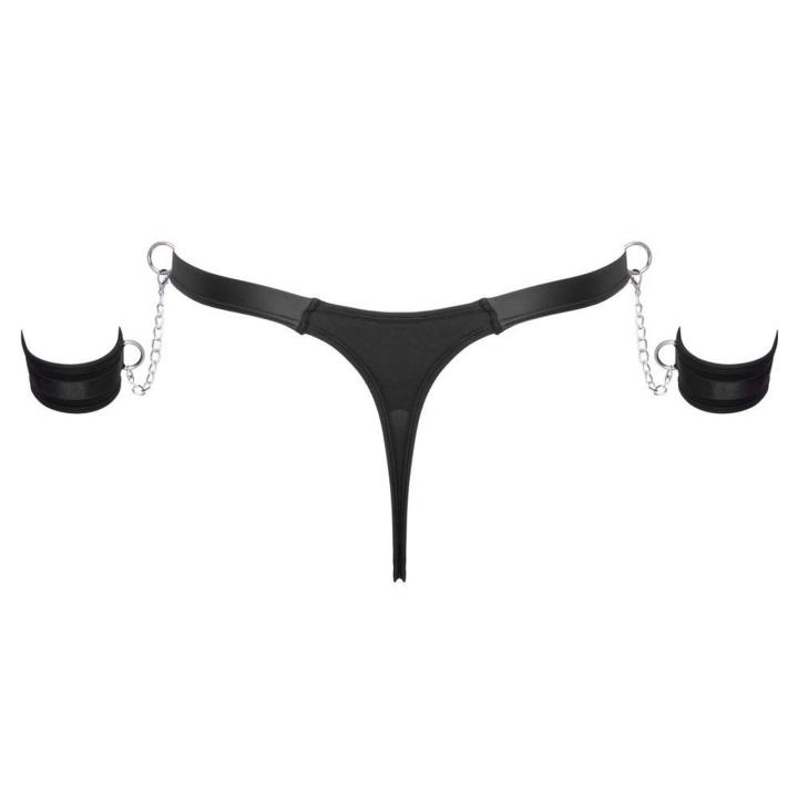 Męskie stringi bondage XL z kajdankami – czarne, matowe, metalowe detale