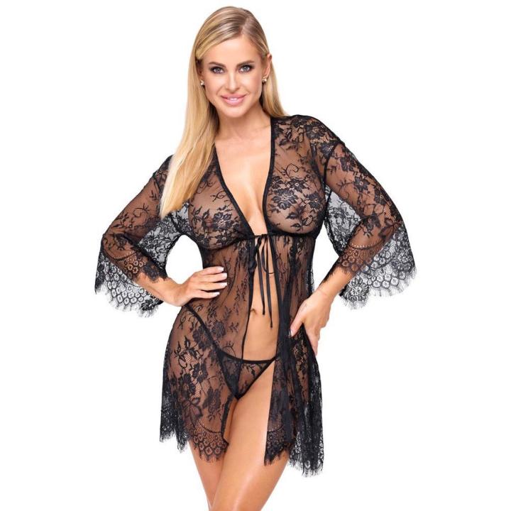 Koronkowe kimono ze stringami S/M czarne – wiązanie pod biustem