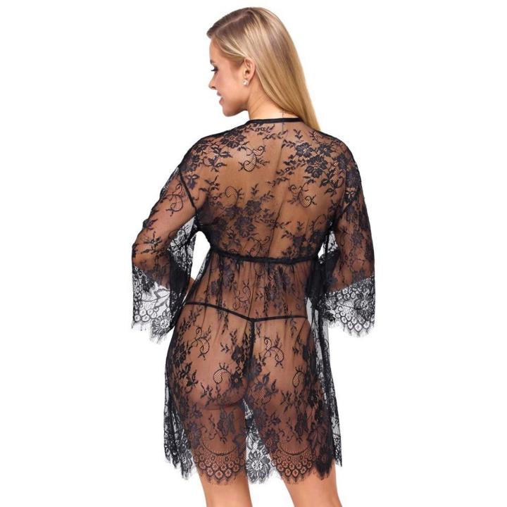 Koronkowe kimono ze stringami S/M czarne – wiązanie pod biustem