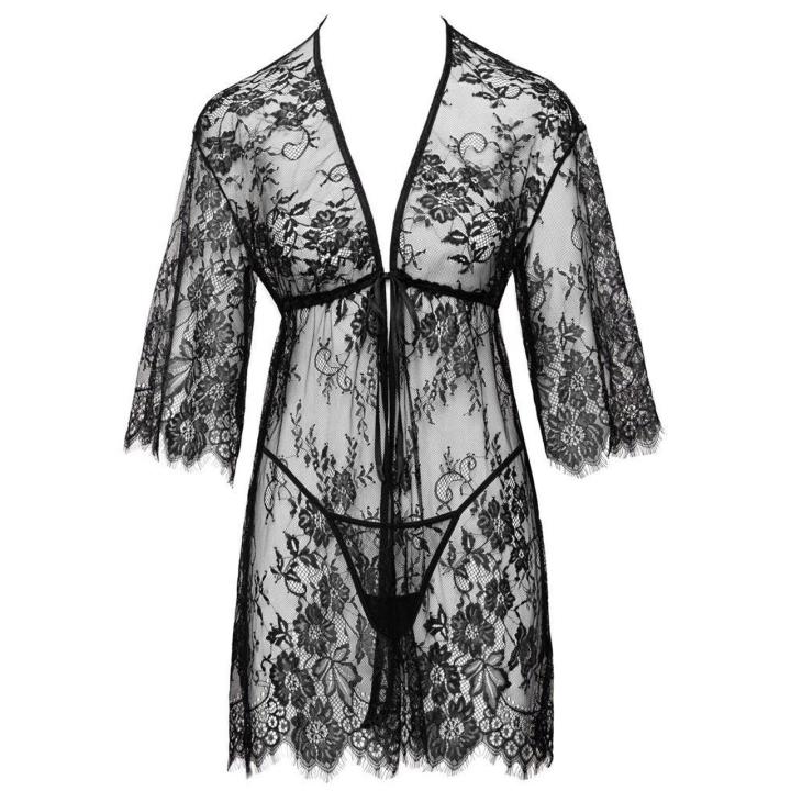 Koronkowe kimono ze stringami S/M czarne – wiązanie pod biustem