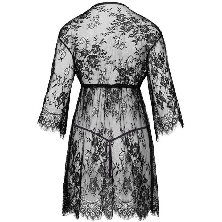Koronkowe kimono ze stringami S/M czarne – wiązanie pod biustem