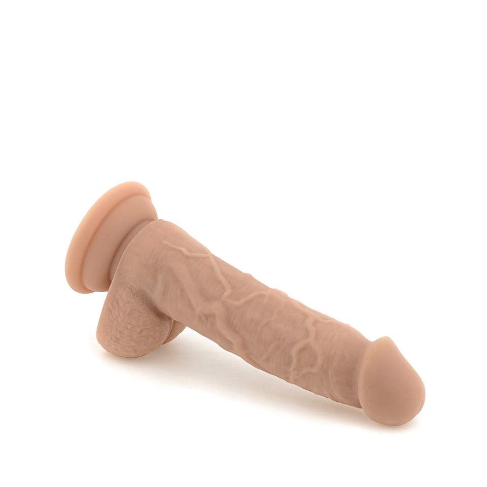 Cieliste silikonowe dildo z jądrami i przyssawką – 13,5 cm