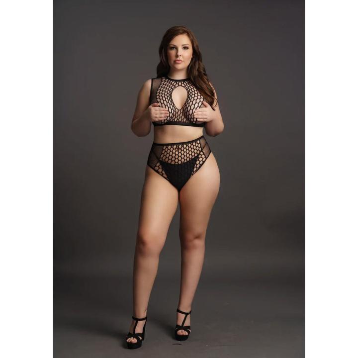 Komplet bielizny plus size z siateczki keyhole top i figi XL–4XL