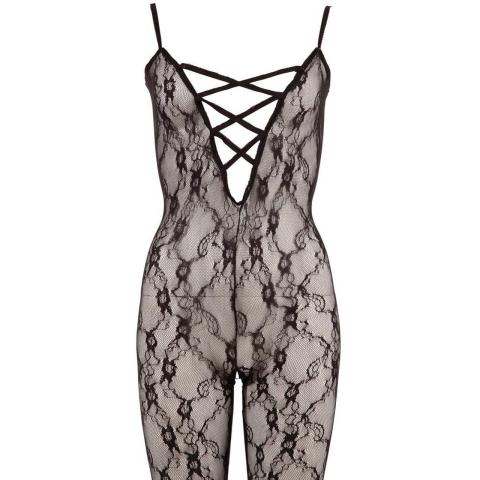 Czarny koronkowy bodystocking ze stopą i otwartym krokiem XXL-XXXL