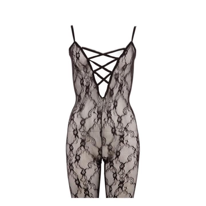 Czarny koronkowy bodystocking ze stopą i otwartym krokiem XXL-XXXL