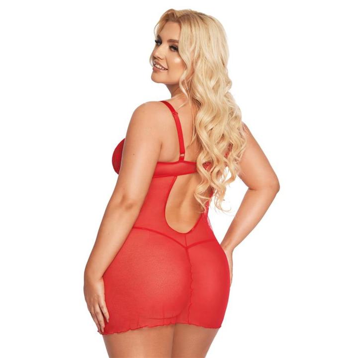 Czerwona koszulka babydoll 3XL z koronką i paseczkami + stringi