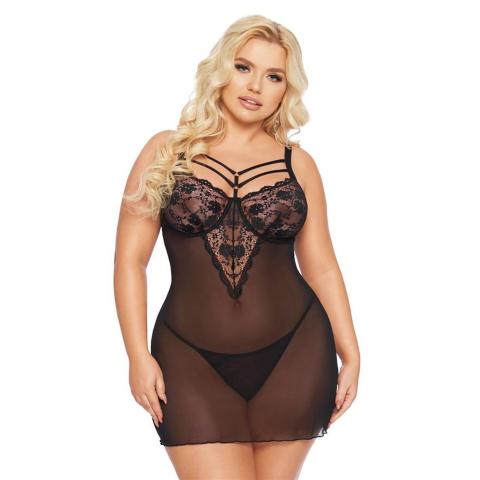 Czarna koszulka babydoll z koronką i paseczkami + stringi