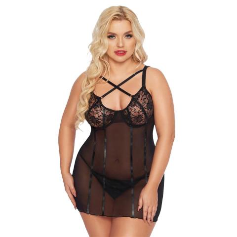 Czarna koszulka nocna babydoll z koronką i połyskującymi paskami