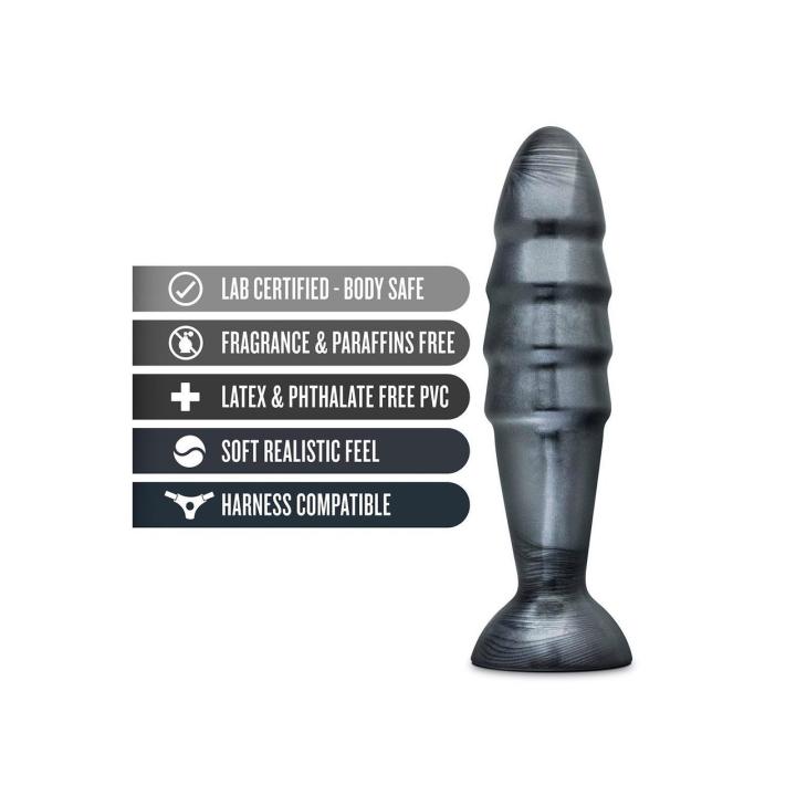 Duży plug analny z przyssawką 27,3 cm czarny metaliczny, karbowany