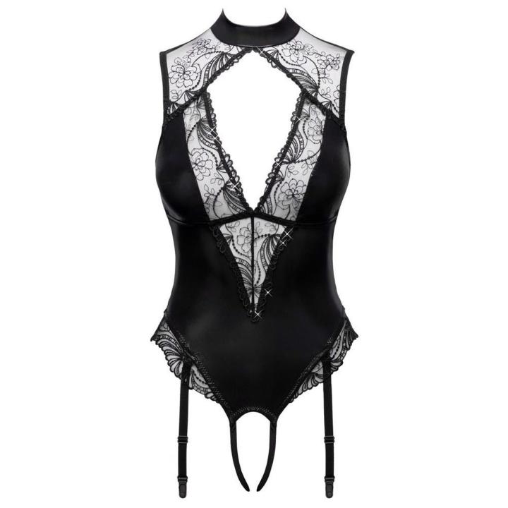 Czarne body wetlook open crotch z cekinami i paskami do pończoch