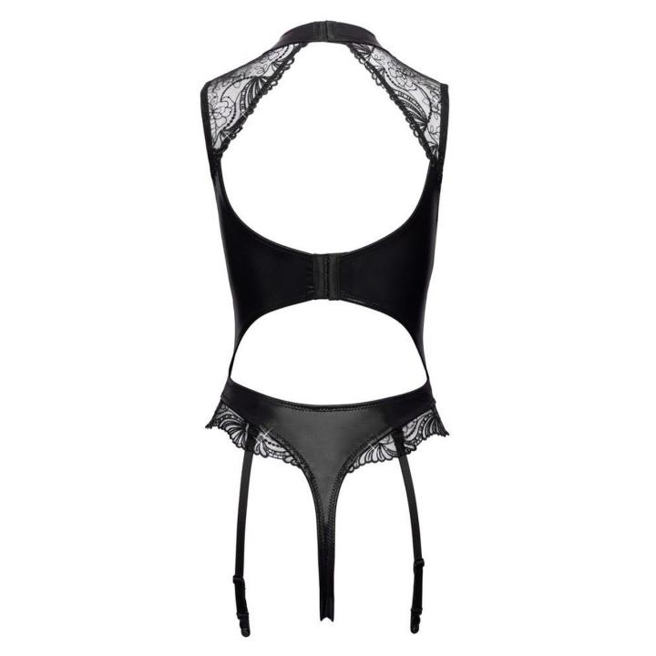 Czarne body wetlook open crotch z cekinami i paskami do pończoch
