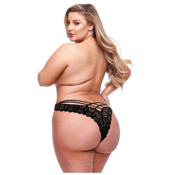 Czarne majtki brazylijskie z paskami i otwartym krokiem plus size
