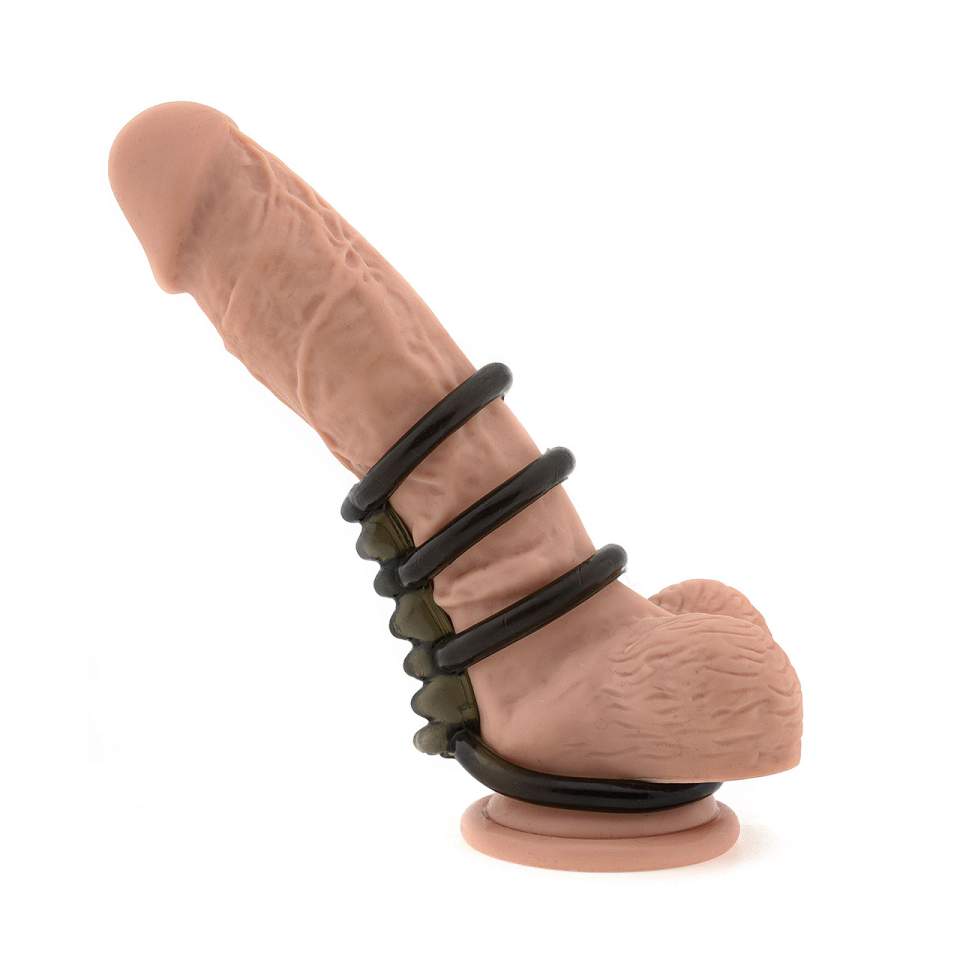 Czarna żelowa nakładka z czterema pierścieniami erekcyjnymi na penisa i jądra