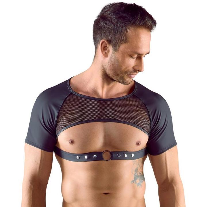 Czarny męski crop top z siateczką i paskiem pod klatką piersiową