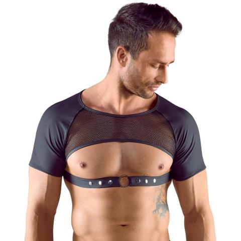 Czarny męski crop top z siateczką i paskiem pod klatką piersiową