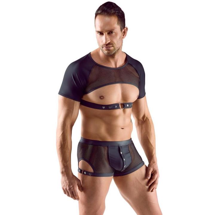 Czarny męski crop top z siateczką i paskiem pod klatką piersiową