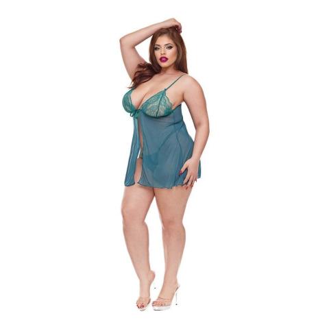 Zielona koronkowa koszulka babydoll z majtkami – komplet bielizny, plus size XL-XXL