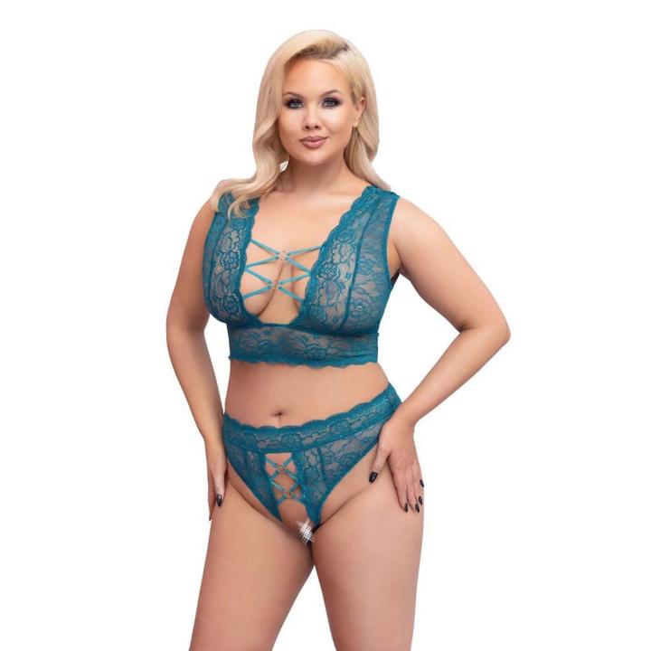 Koronkowy komplet bielizny bralette i stringi z otwartym krokiem