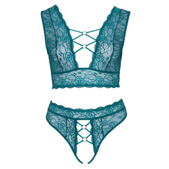Koronkowy komplet bielizny bralette i stringi z otwartym krokiem