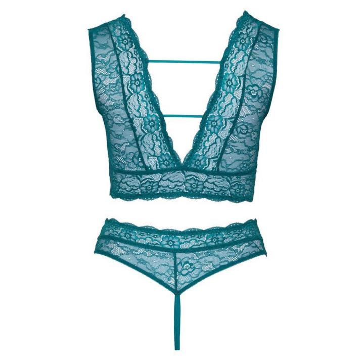 Koronkowy komplet bielizny bralette i stringi z otwartym krokiem