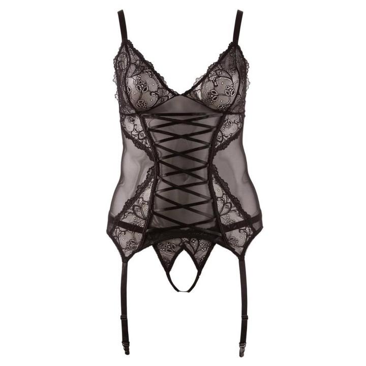Czarny gorset pasem do pończoch, czarna koronka i powernet + string open crotch