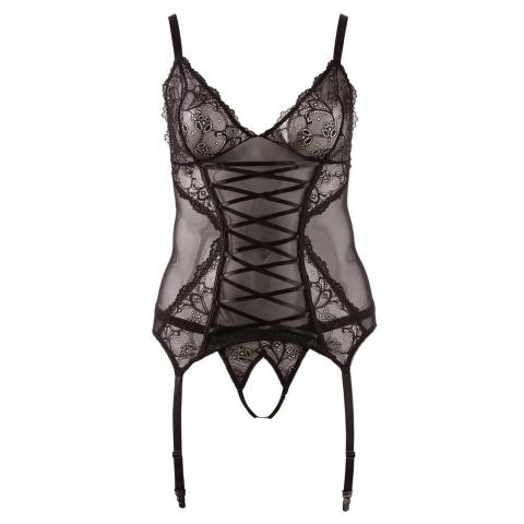 Czarny gorset pasem do pończoch, czarna koronka i powernet + string open crotch