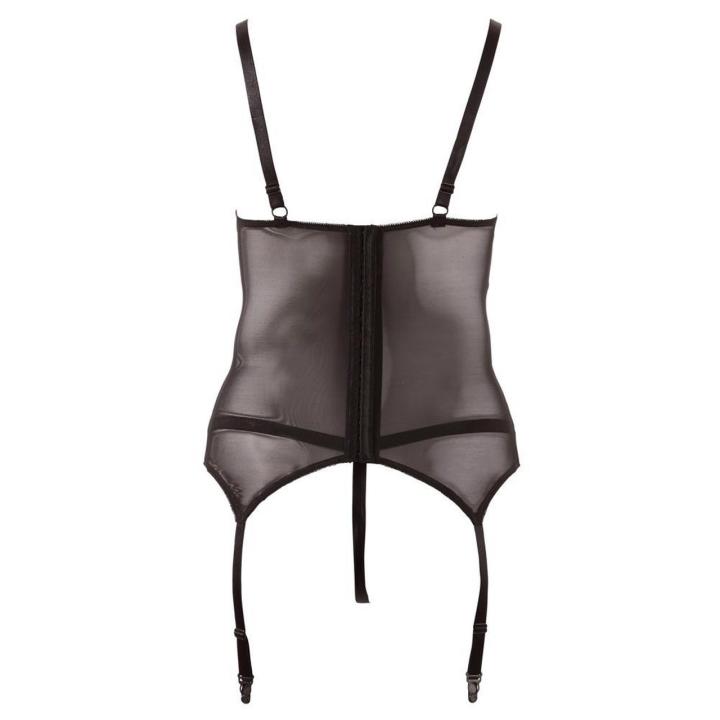 Czarny gorset pasem do pończoch, czarna koronka i powernet + string open crotch