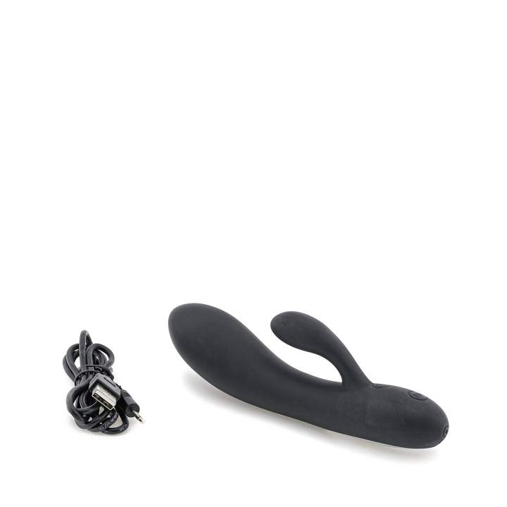 Czarny wibrator króliczek z silikonu  stymulujący łechtaczkę i pochwę – 11 cm