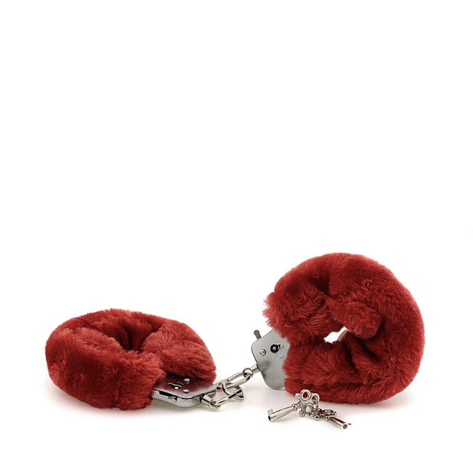 Czerwone pluszowe kajdanki na nadgarstki zamykane na kluczyk