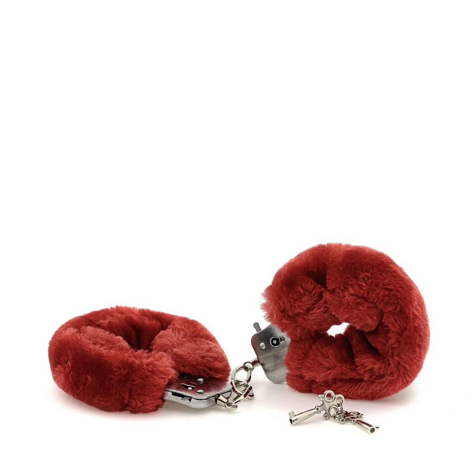 Czerwone pluszowe kajdanki na nadgarstki zamykane na kluczyk