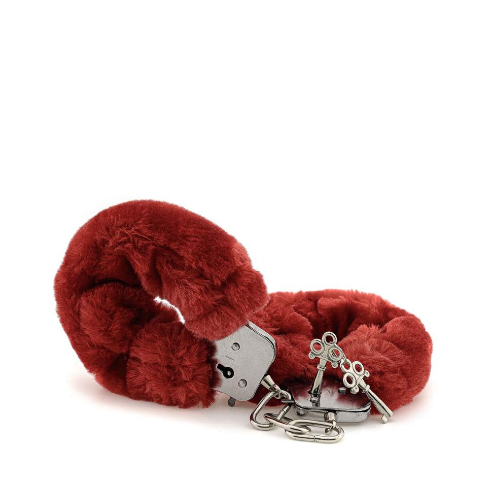 Czerwone pluszowe kajdanki na nadgarstki zamykane na kluczyk