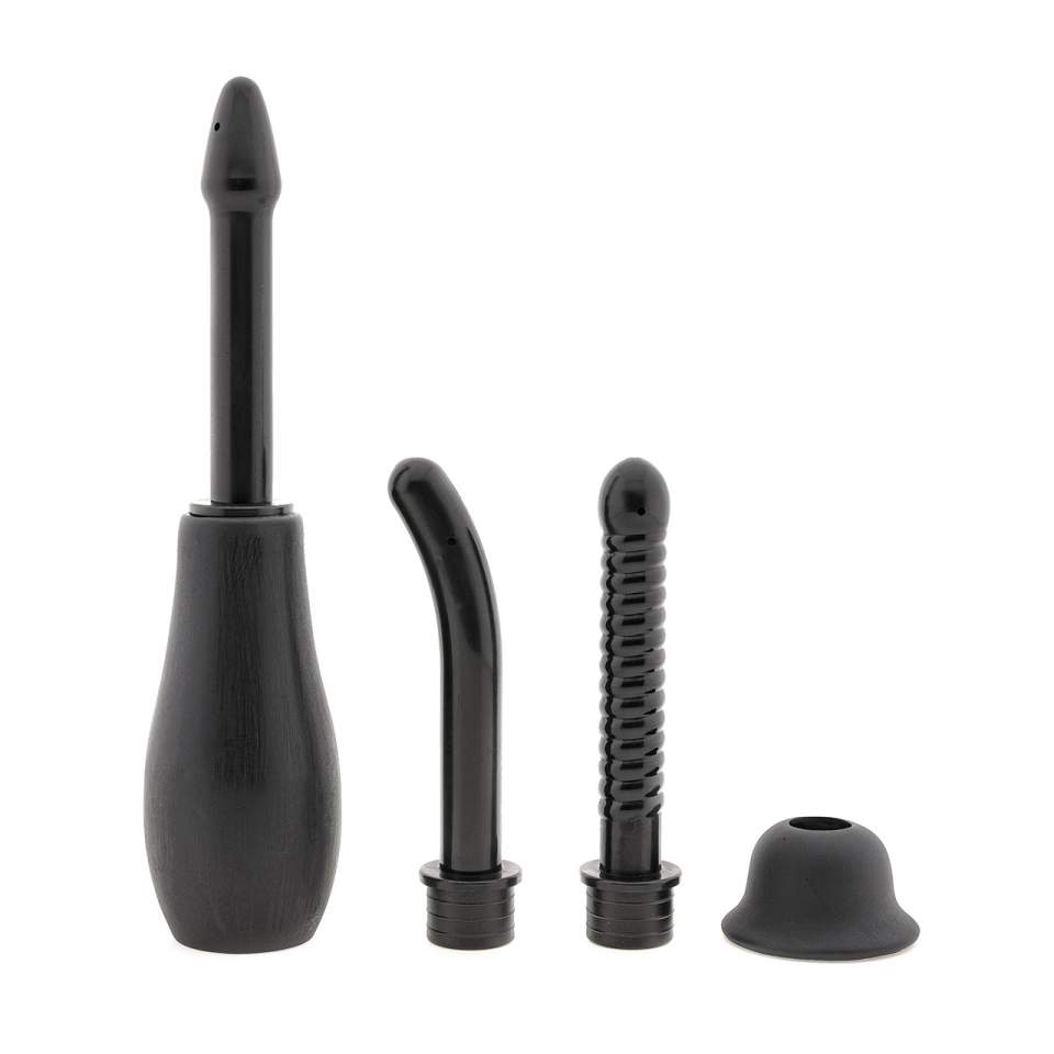 Czarna gruszka do lewatywy z wymiennymi przystawkami