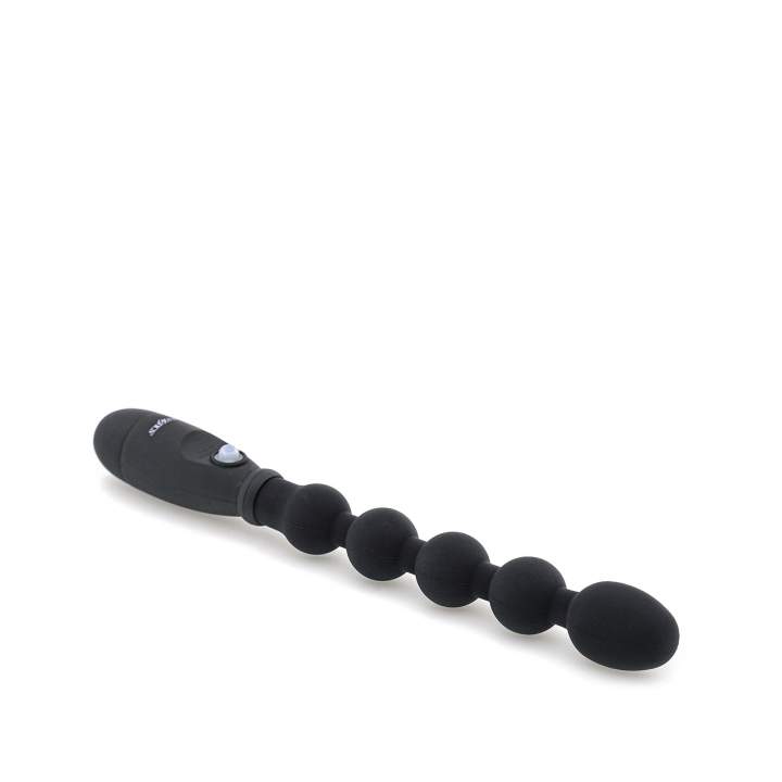 Czarny silikonowy korek analny z koralikami i wibracjami - 18 cm
