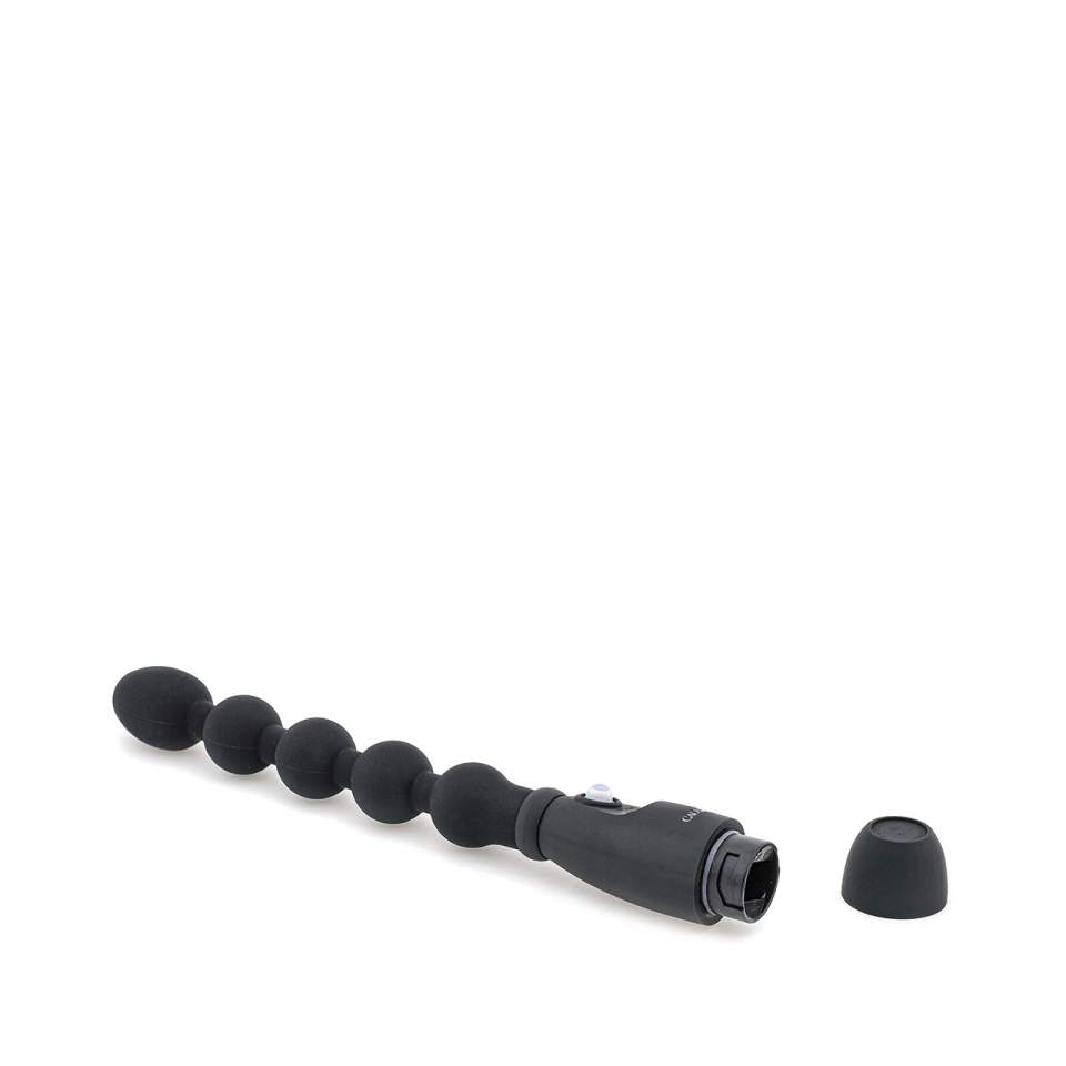 Czarny silikonowy korek analny z koralikami i wibracjami - 18 cm