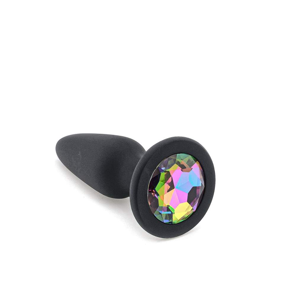 Czarny silikonowy korek analny z kryształkiem – średnica 5 cm