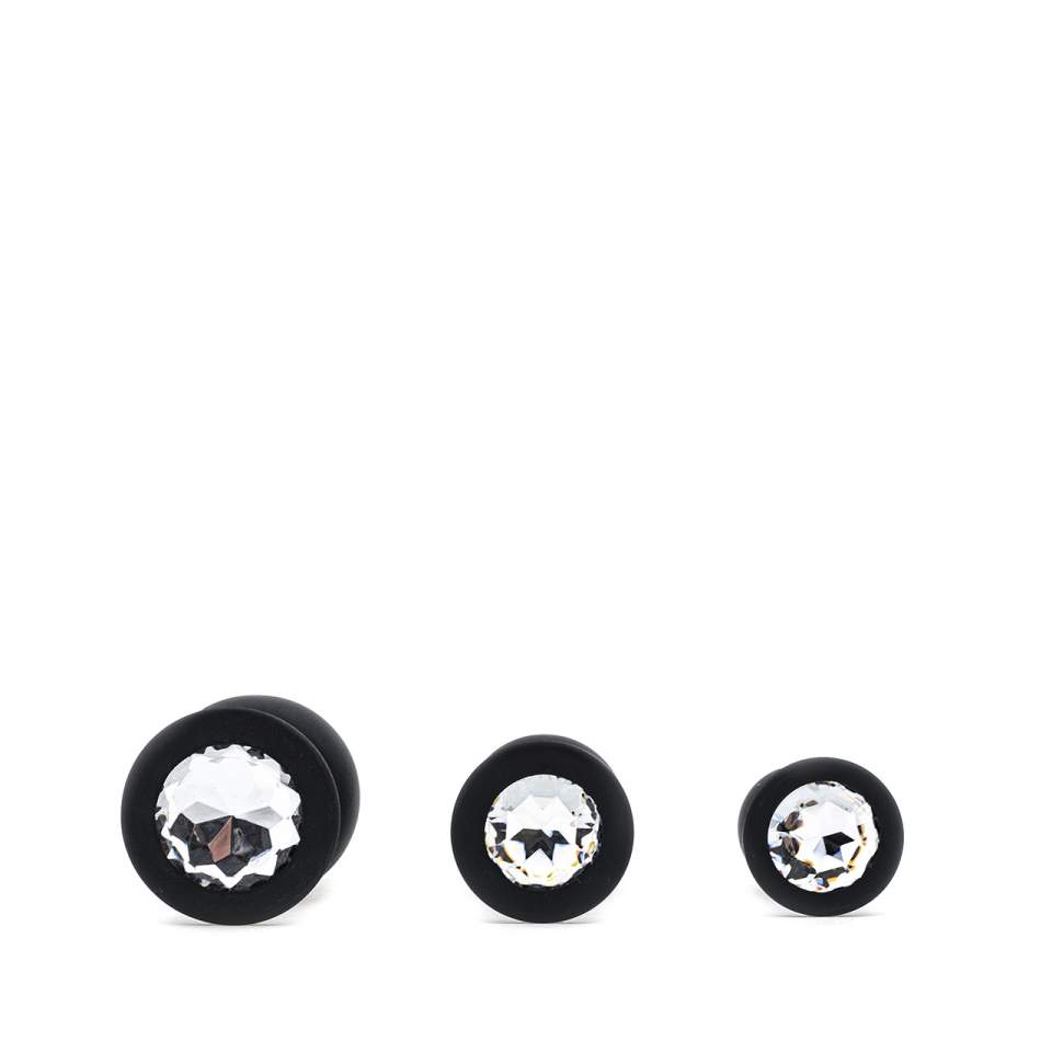 Zestaw trzech czarnych silikonowych korków analnych z kryształami – średnica 2,7 cm - 4 cm