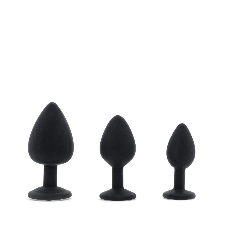 Zestaw trzech czarnych silikonowych korków analnych z kryształami – średnica 2,7 cm - 4 cm