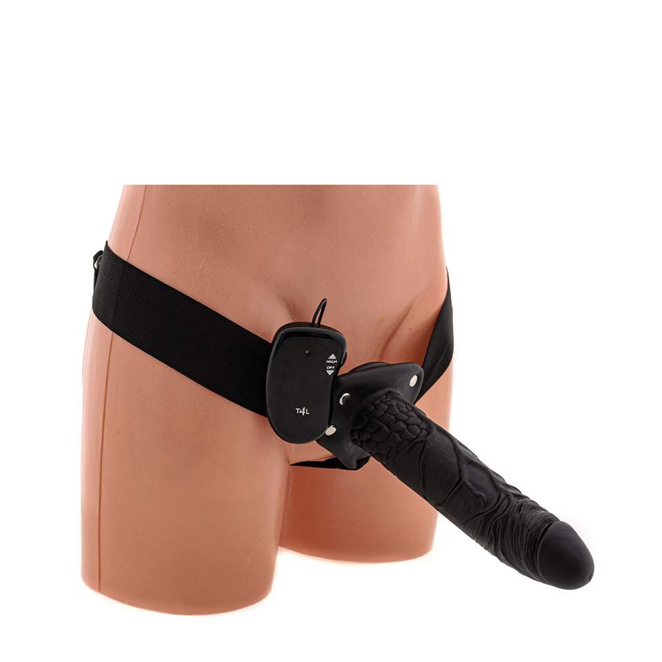 Duży czarny strapon z wibracjami i ultra realistycznymi elementami - 20,5 cm