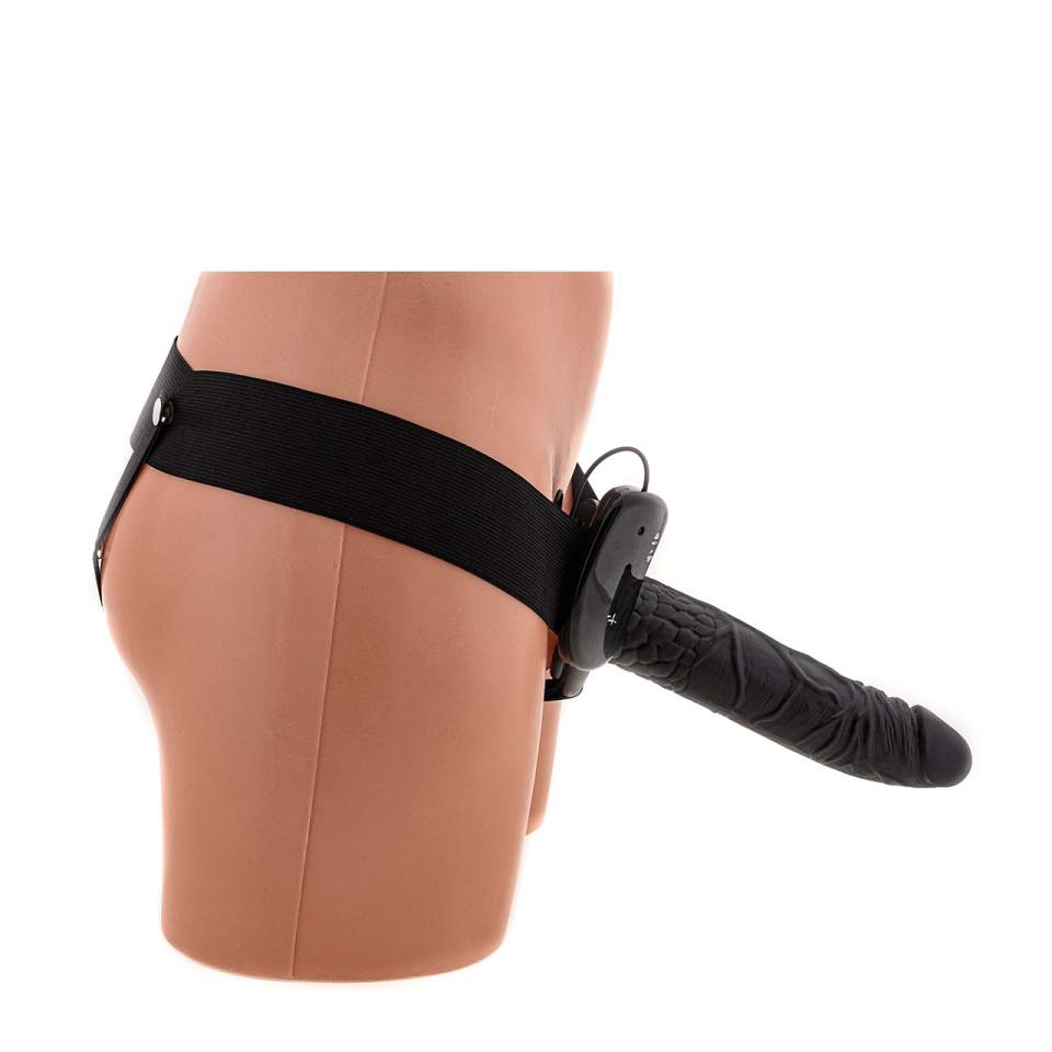 Duży czarny strapon z wibracjami i ultra realistycznymi elementami - 20,5 cm