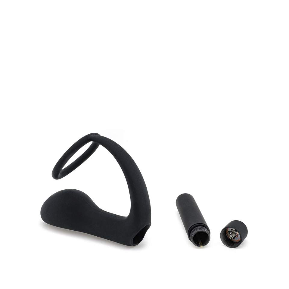 Czarny silikonowy korek analny z pierścieniem i wibratorem 