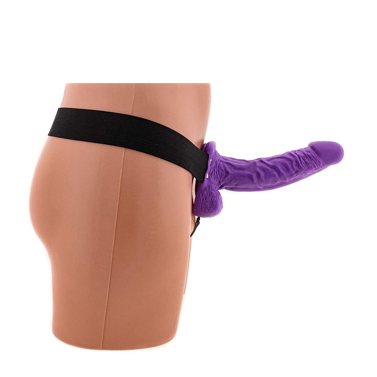 Fioletowa proteza penisa strap-on na gumce z jądrami i realnymi wypustkami 