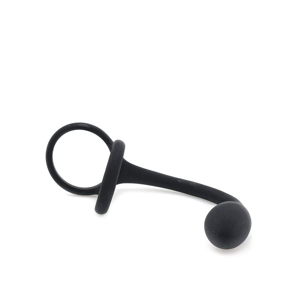 Czarny silikonowy korek analny z pierścieniami na penisa i jądra – średnica 4 cm