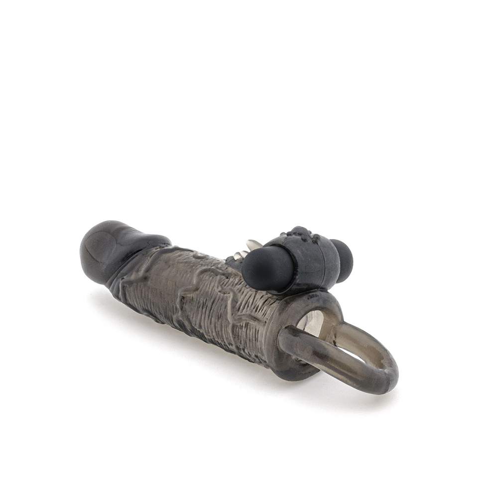 Czarna wibrująca nakładka z pierścieniem na jądra przedłużająca penisa o 2 cm