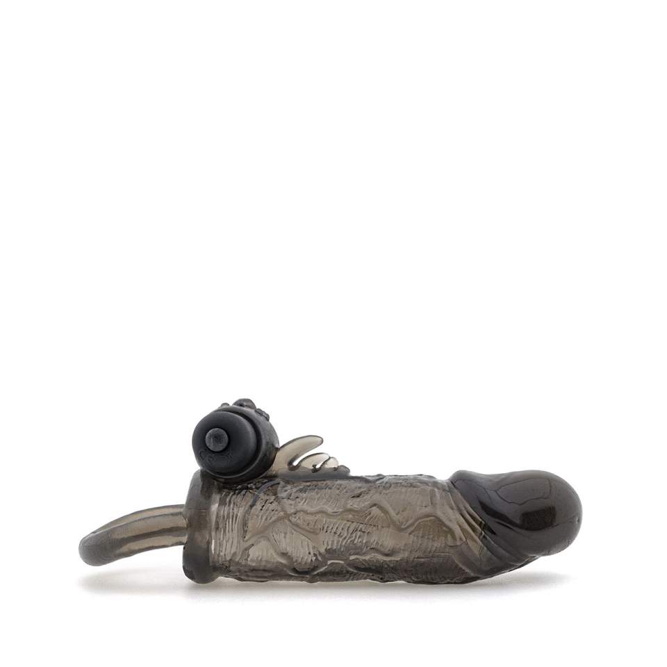 Czarna wibrująca nakładka z pierścieniem na jądra przedłużająca penisa o 2 cm